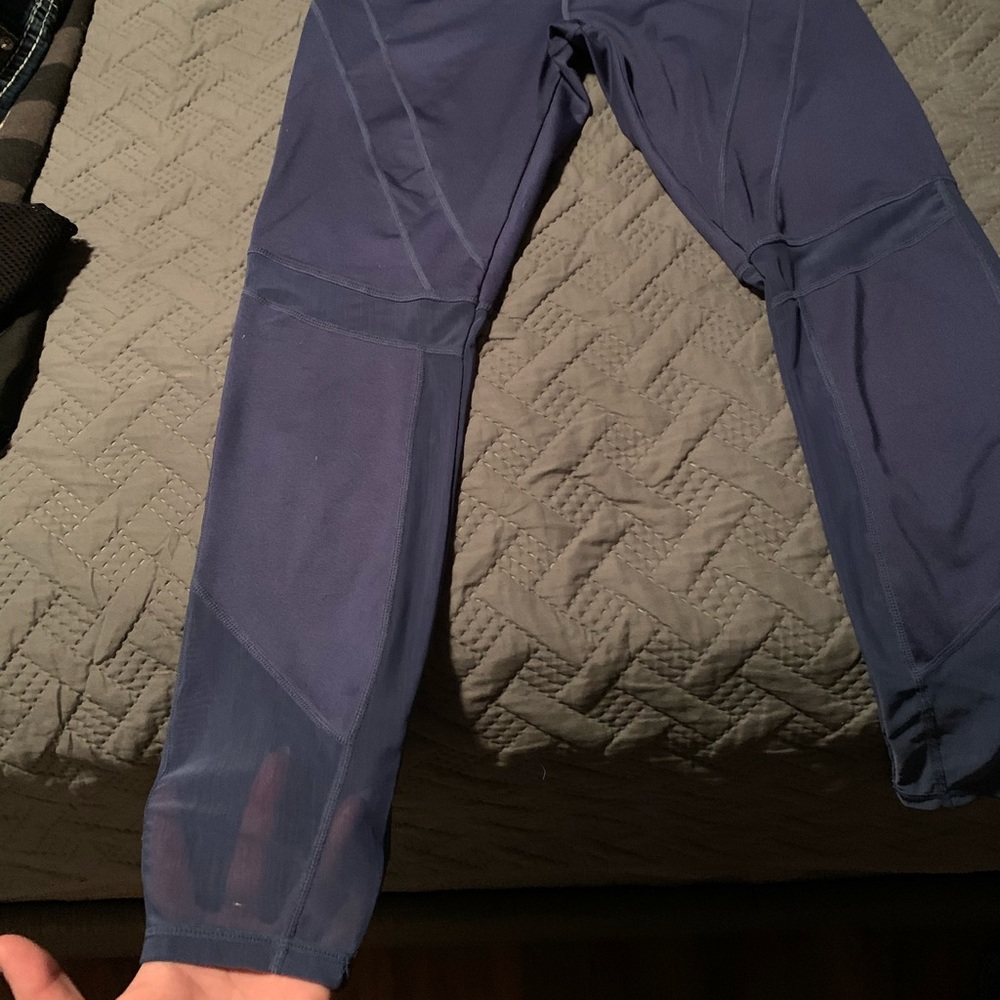 Blue full length leggings with mesh detail, sz Lg